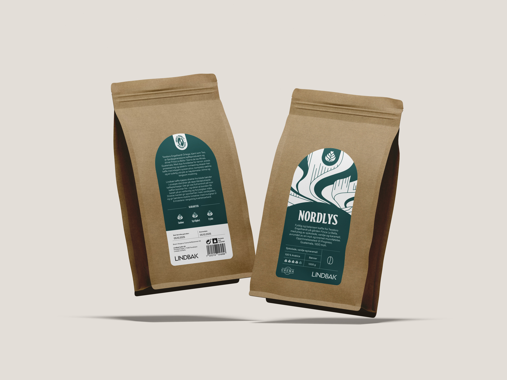 Lindbak kaffe Nordlys 1 kg Mockup begge sider