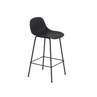 Fiber Bar stool med rygg - Refine sort skinn / Sort understell